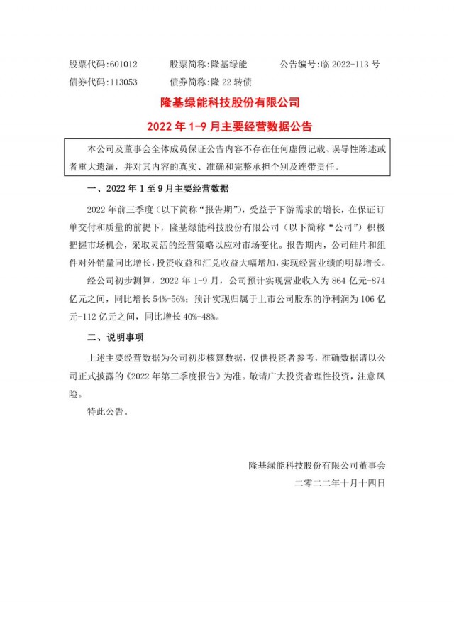 隆基綠能:營(yíng)收或超864億,預(yù)計(jì)前三季凈利或在106億元-112億元之間