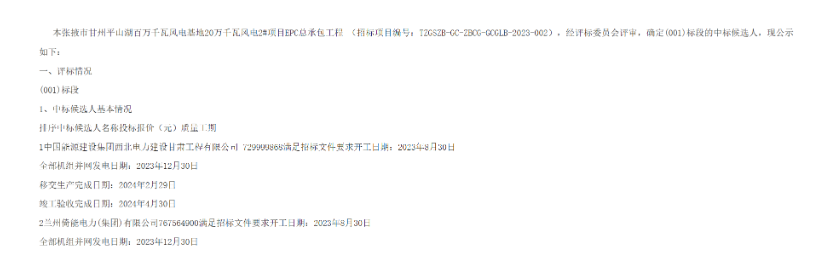 7.30億元！中國(guó)能建200MW風(fēng)電項(xiàng)目EPC總承包工程中標(biāo)候選人公示