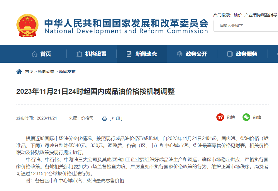 今晚，油價(jià)下調(diào)!附各省汽、柴油最高零售價(jià)